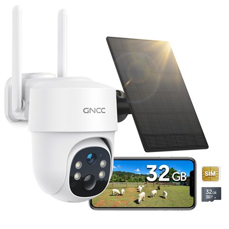 GNCC 4G Caméra de Surveillance Extérieur Solaire 2K PIR Camera Exterieur sans Fil avec Carte Sim sans WiFi