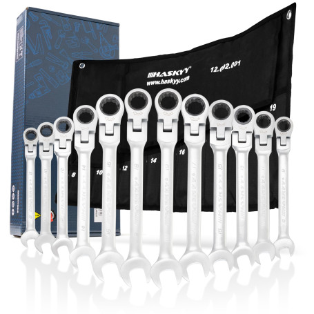 HASKYY clés à cliquet articulées I Clé à cliquet à bout libre 8 à 19 mm I kit d’outillage 12 pièces
