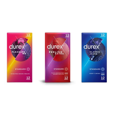 Durex - Lot de 3 boîtes de Préservatifs - Pleasure Me x12 - Feeling Extra x12 - Classic Jeans x12