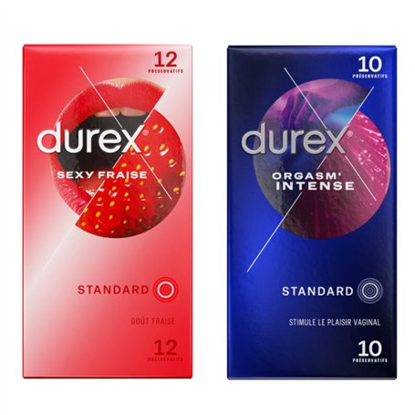 DUREX - Lot de 2 boîtes de Préservatifs - Sexy Fraise x12 et Orgasm'Intense x10