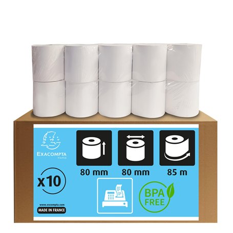 Exacompta - Réf. 43809E - Carton de 10 bobines pour tickets de caisse - largeur 80 mm x diamètre 80 mm - mandrin 12 mm - 1 pli t