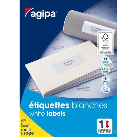 Apli Agipa – Boite Étiquettes Adhésives Blanches Multi–Usages Coins Droits – Certifié FSC – Anti-bourrage - 105 x 57 mm– 1000 Ét