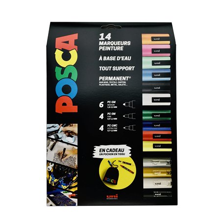 POSCA - Uni Mitsubishi Pencil - Maxi Pack Multi-Pointes - 14 Marqueurs Peinture à Base d'Eau - Tout Support - Couleurs et Pointe