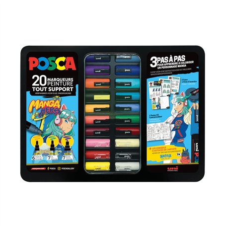 POSCA - Mallette Manga Hero - Set de 20 Marqueurs Acryliques Multi-Support - Pointes Extra Fines
