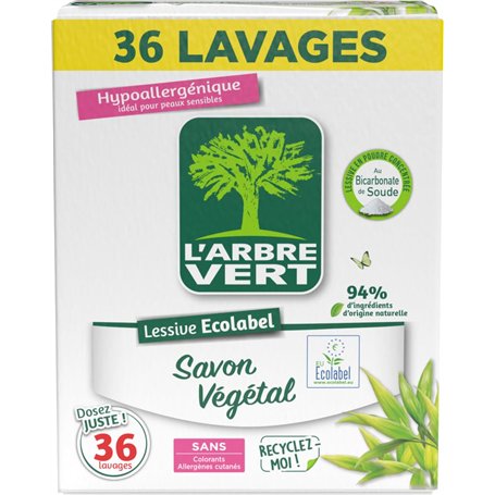 L'Arbre Vert Lessive Poudre Savon Végétal - ECOLABEL - Hypoallergénique - 36 Lavages - 94% d'ingrédients d'origine naturelle - 1