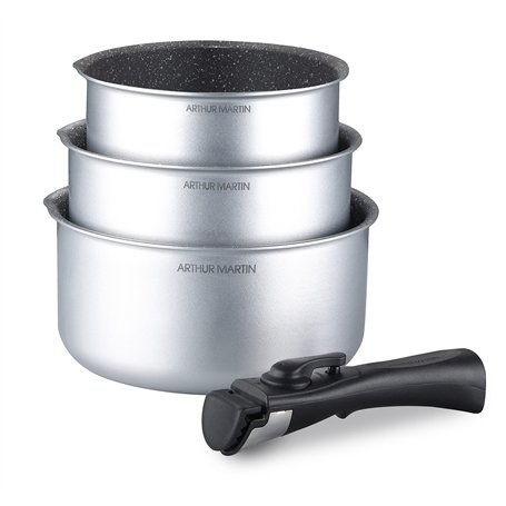 Arthur Martin AM777S Set de 3 Casseroles avec revethement anti adhérent Aluminium Poignée amovible Tous feux dont induction