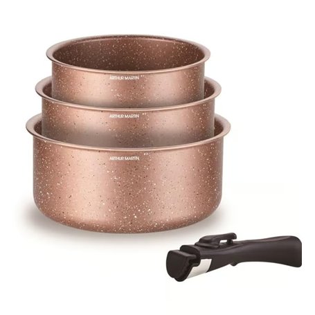 Arthur Martin - Set de 3 casseroles 16-18-20 cm + 1 poignée - Aluminium - revêtement anti adhérent - poignée amovible - Tous feu