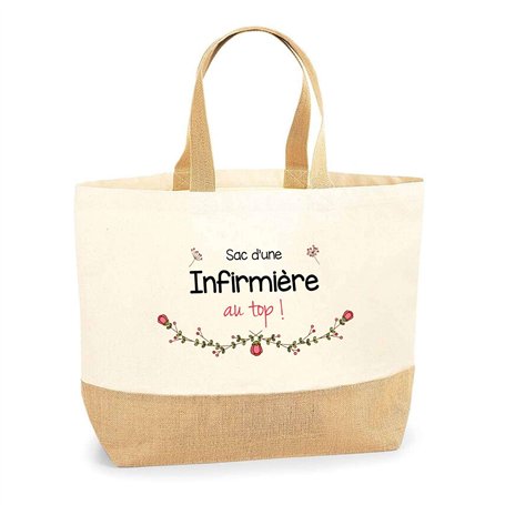 Sac Infirmière au top | Cabas de Plage Courses Coton et Toile de Jute Idée Cadeau Femme