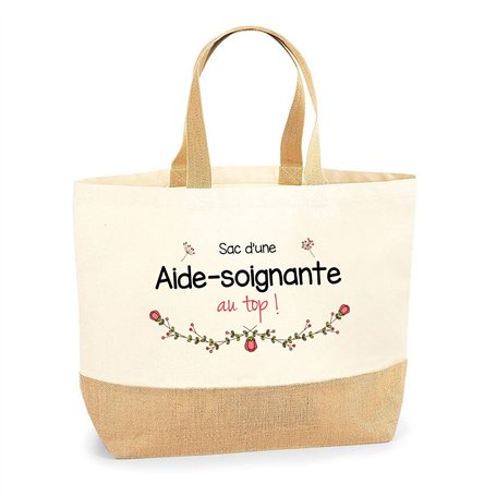 Sac Aide-soignante au top | Cabas de Plage Courses Coton et Toile de Jute Idée Cadeau Femme
