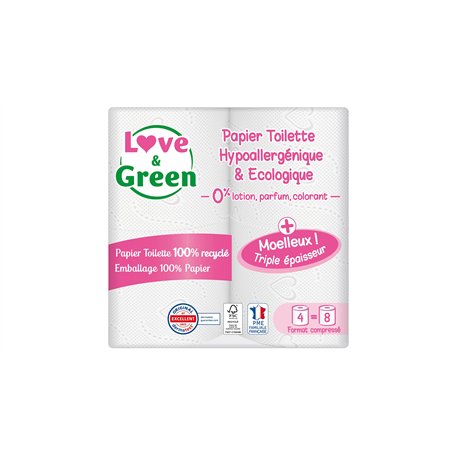 Love & Green - Papier Toilette 3 plis - triple épaisseur - Hypoallergénique (certifié Dermatest) et Ecologique (certifié FSC) -