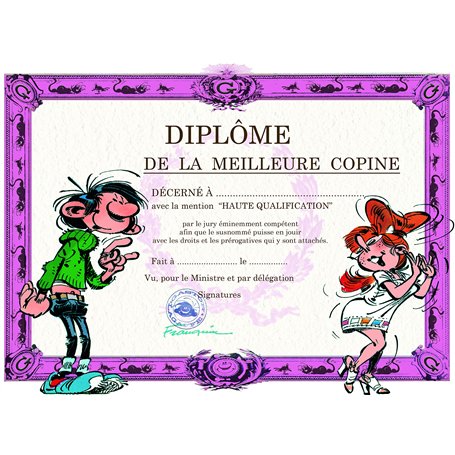 Gaston Lagaffe GLDP-7016 Carte double avec enveloppe Diplôme de la Meilleure Copine Amie Pote - Amitié Mlle Mademoiselle Jeanne