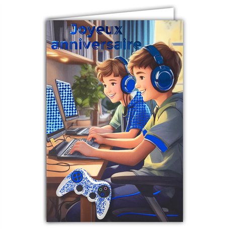 67-1288 Carte Joyeux Anniversaire pour Garçon Adolescent Gamer Jeux Vidéos Manette Ordinateur Casque audio Connecté Copain Ami e
