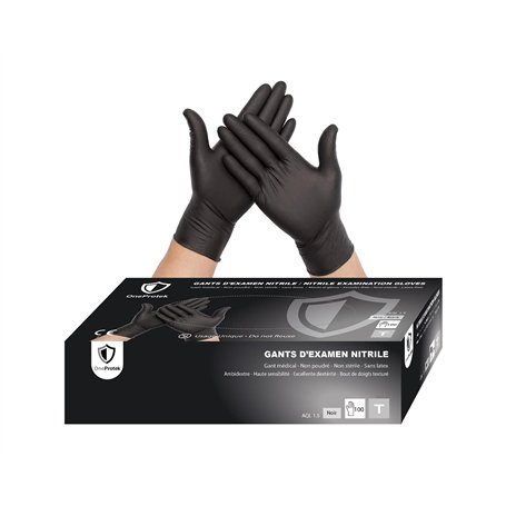 OneProtek Gants jetables noir en nitrile - Boîte de 100 Gants Nitrile - Taille XS (Très Petite) - Sans latex - Résistants et Mul