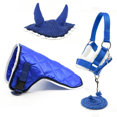Ensemble d'accessoires Bleu pour Hobby Horse et Cheval bâton : Licol moumoute avec Longe + Couverture + Bonnet Anti-Mouches