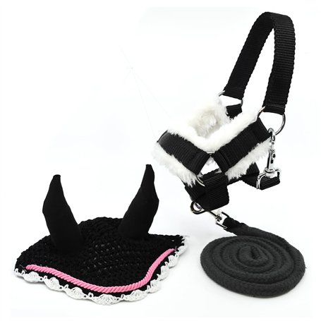 Hobby Horse Ensemble d'accessoires Licol moumoute Noir avec Longe et Bonnet Anti-Insectes Noir et Rose pour activité de Hobby Ho