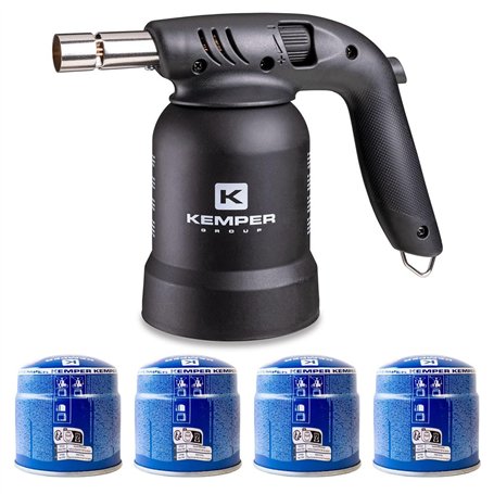 KEMPER - Lampe à souder à gaz Professionnelle Utilisation 360° Chalumeau Gaz Allumage piezo 4 Cartouches gaz Perçables