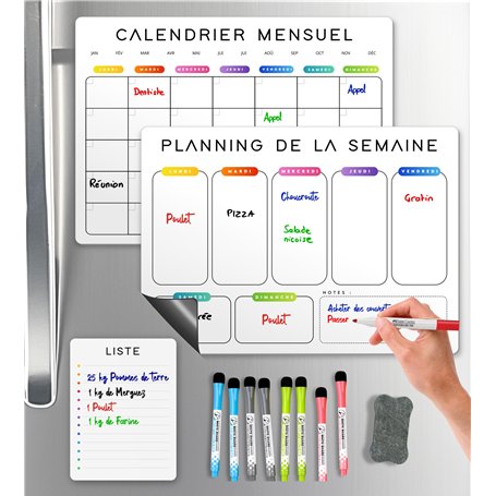 SKYCROO ® Calendrier Magnetique Frigo Blanc x3 + Accessoires - Planificateur Hebdomadaire + Mensuel + Mémo Aimanté Planning Sema