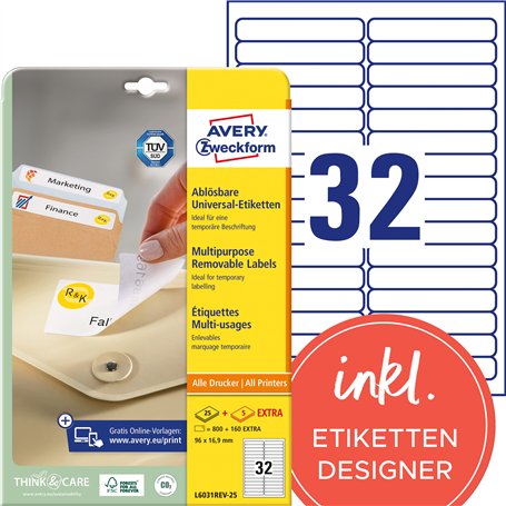 Avery Zweckform L6031REV-25 Paquet de 25 feuilles d'étiquettes enlevables multiusage pour marquage temporaire 96 x 16