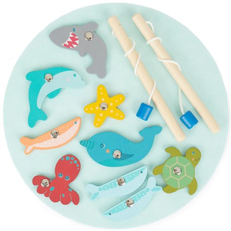 Bieco Jeu de pêche aimanté en Bois à partir de 2 Ans - Jouet en Bois de 24 cm de diamètre - Jouet pour Enfants à partir de 2 Ans