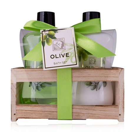 Accentra-Set de douche pour femmes Set cadeau OLIVE dans une belle boîte en bois - Set de 2 pièces avec gel douche et lotion cor