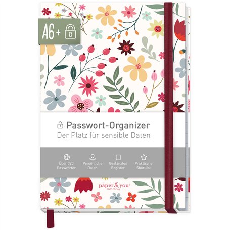 paper&you® Livre de mot de passe A6+ avec onglet A-Z « Wild Flower » pour 320 données d'accès
