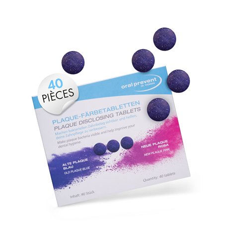 ORAL PREVENT Comprimés de Coloration Dentaire - Pour Enfants/Adultes - À Mâcher Sans Érythrosine - Colorer la Plaque - 40 Pièces