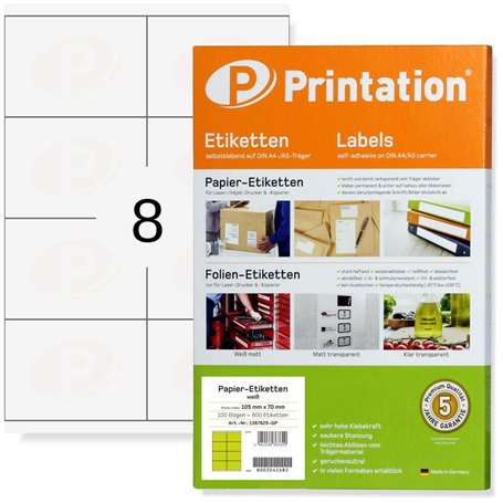 Printation Étiquettes Autocollantes 105 x 70 mm - 200 Étiquettes Adresse Blanches