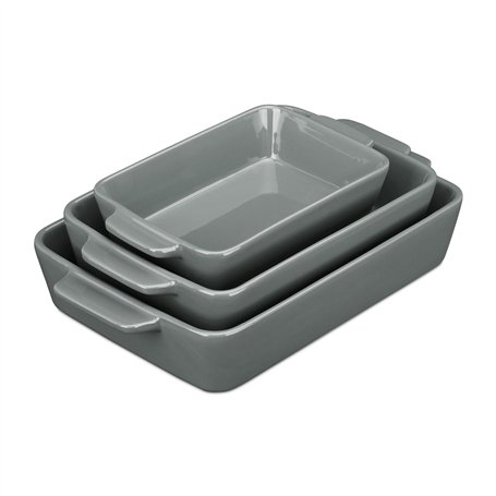 Relaxdays Lot de 3 Plats à Four en céramique; Plat à Lasagne; Plat à Tiramisu; Plat Micro-Onde; Cuisson au Four; Gris