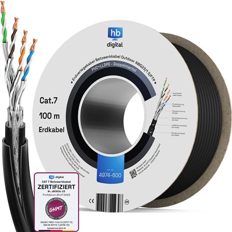 HB-DIGITAL Câble réseau extérieur CAT 7 de 100 m pour pose directe à la terre S/FTP AWG23/1 en cuivre pur double gaine PVC + LLD