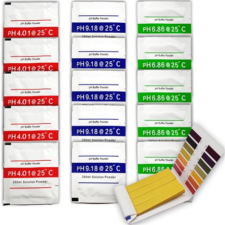 Lot de 15 poudres d'étalonnage + bandes pH | PH-mètre 4.00 | 6.86 | 9.18