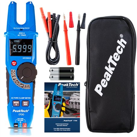 PeakTech 1700 - TRUE RMS Pince ampèremétrique 200 A AC Détecteur de tension avec affichage LCD Fourchette Pince en forme de four