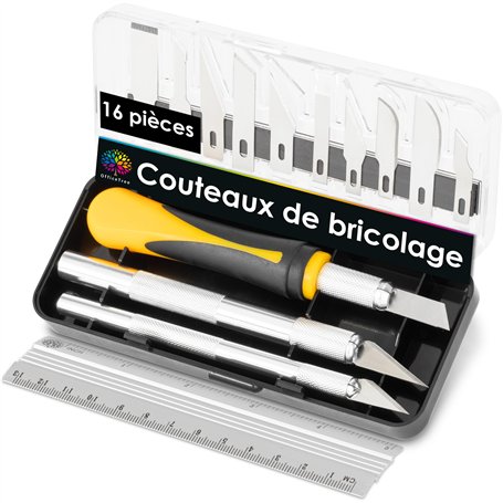 OfficeTree Scalpel de Découpe Set - 16 Pièce - Cutter de Précision avec 3 Scalpel de Precision Différents et 13 Lames - Cuter Pr