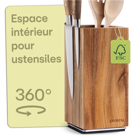 Praknu Bloc Couteaux Magnétique - 360° Rotatif Sans Couteaux FSC® Bois d'Acacia avec Espace pour Ustensiles de Cuisine - Aimant