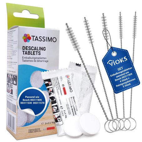 VIOKS Lot de 4 tablettes détartrantes pour 2 applications de rechange pour machines à café Bosch Siеmens 311909 + 5 brosses de n
