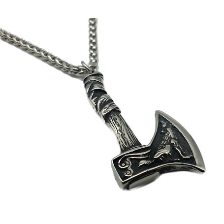 Vikings Pendentif en métal Motif hache viking Loup avec collier en acier inoxydable dans une pochette à bijoux