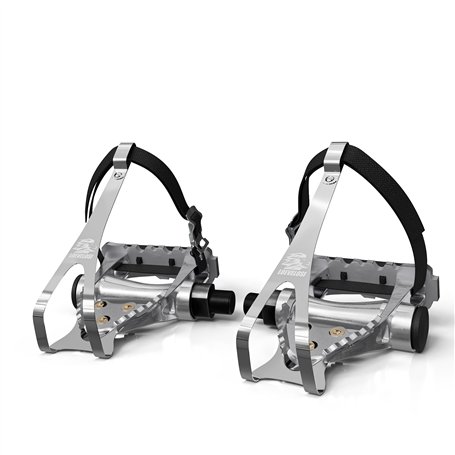 LOEVELOSI SpeedPro Pédales de vélo rétro en aluminium argenté avec sangles en nylon pour vélo de course