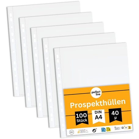 perfect line - Lot de 100 pochettes perforées DIN A4 – Pochettes transparentes grainées – Épaisseur 40 my – Fin