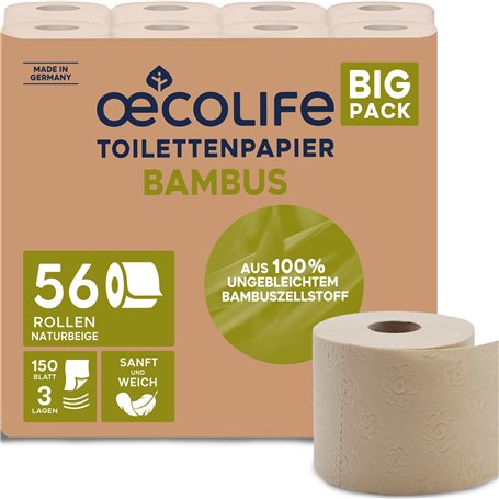 oecolife Lot de 56 rouleaux de papier toilette en bambou
