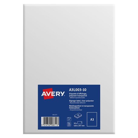 Avery A3L003-10 Pack de 10 Etiquettes d'affichage en polyester A3 420 x 297 mm Transparent