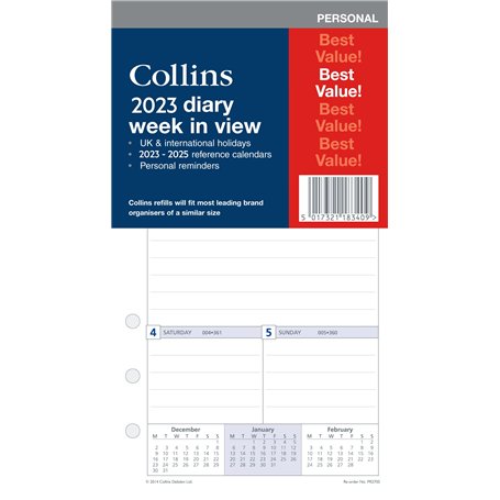 Collins Debden PR2700-23 Recharge pour organiseur personnel semainier 2023 – Compatible avec les organiseurs à six trous – (172