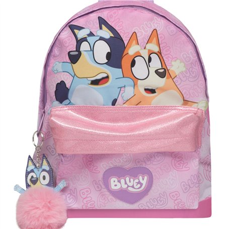 Bluey & Bingo Sac à dos rose – Sac à dos pour chambre d'enfant et d'école avec poche avant à paillettes – Porte-bouteille d'eau