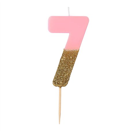 Bougie d'anniversaire numéro 7 rose avec paillettes dorées | Décoration de gâteau de qualité supérieure | Jolie