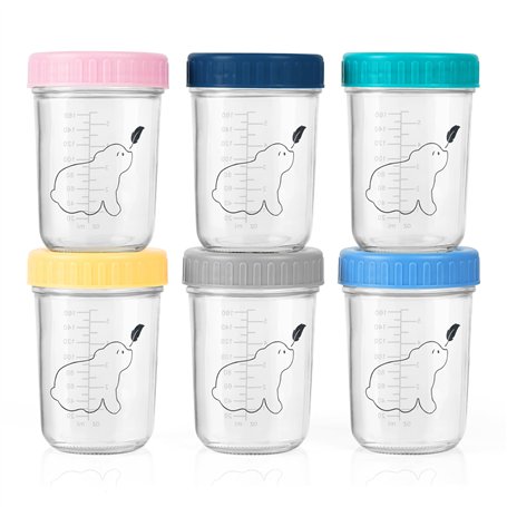 Budding Bear Petit Pot Conservation Bébé Verre 240ml (Lot de 6) - Pot Bebe Repas Réutilisables Compatible Lave-Vaisselle