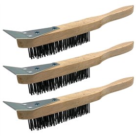 Lot de 3 brosses métalliques en bois - Brosse en acier robuste à 4 rangées avec manche en bois et grattoir en métal - Brosse mét