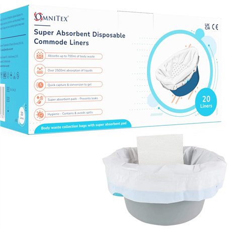 Omnitex Lot de 20 doublures de chaise percée à très haute absorption 2500 ml avec tampon de conversion en gel 80 % granulés SAP