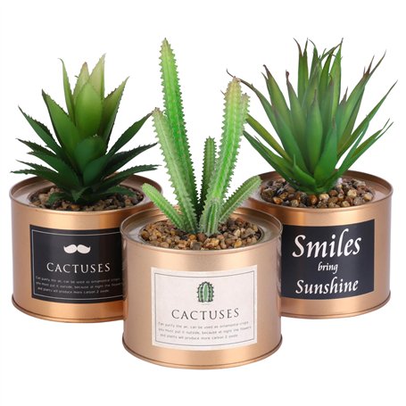 BELLE VOUS 3 Pièces Mini Plante Artificielle Interieur en Plastique avec Pot en Métal Cuivré - 10 x 7