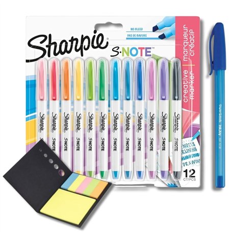 Sharpie Lot de 12 surligneurs S-Note | Couleurs pastel | Pointe biseautée | + stylo PaperMate et notes adhésives