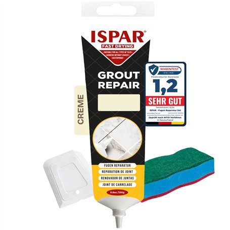 ISPAR Mortier de joints crème 250 g – Enduit prêt à l'emploi pour joints de carrelage avec spatule – Pour salle de bain