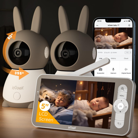ieGeek 2K/3MP 5" Babyphone 2 Caméra Bebe,PTZ 360° Baby Phone Vidéo connecté Smartphone, Visiophone avec Alertes Intelligentes/Vi