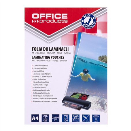 OFFICE PRODUCTS Pochette De Plastificatio Brillantes A4 / 2 x 100 micron/brillant/Pack de 100 Feuilles - 100 Pièces/Transparent/